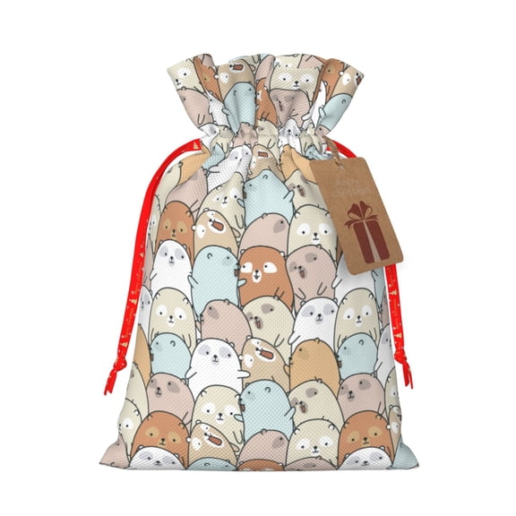 Fuzoiu Lovely Bear Print Christmas Gift Bag,Burlap Gift Bag with Drawstring Closure & Hang Tag,Perfect for Holidays, Birthdays, and Special Occasions-Medium