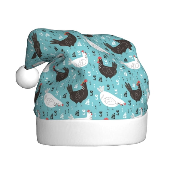Fuzoiu Lovely Roosters Print Santa Hat Christmas Hat for Adults,Santa Hats with Pompom, Unisex Xmas Holiday Hat for Christmas New Year Festive Party Supplies
