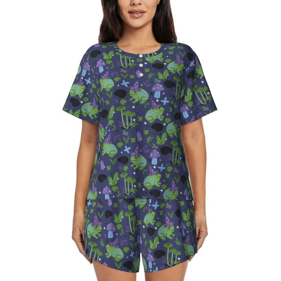 Fuzoiu Magic Toads in Hats Print Women's Short-Sleeved Pajama Set,Lounge Sleepwear Set,Womens Pajama Sets 2 Piece,Button-Up Top and Shorts with Pockets-Medium