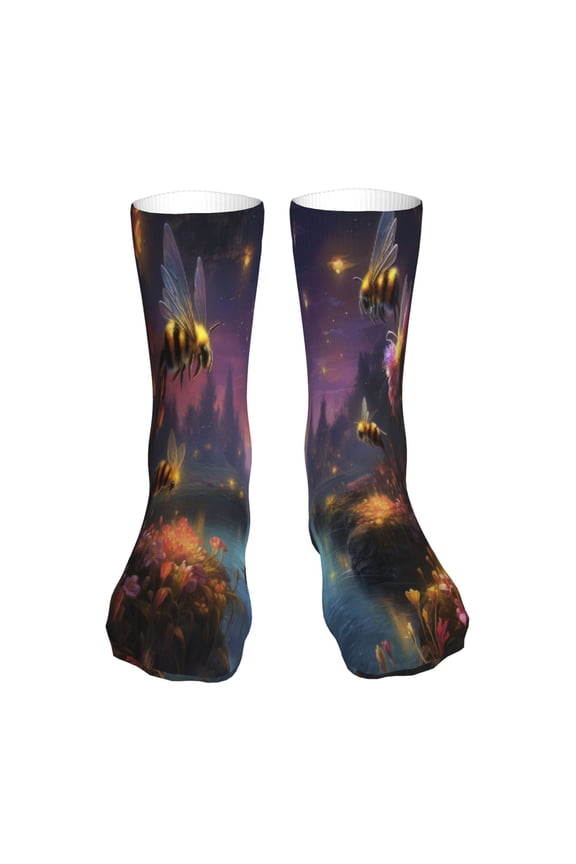 Magical Bees Twilight River Print Crew Socks,Casual Athletic Gym LightWeight Thin Socks,Casual Crew Socks for Men Woman,Calf Length Crew Socks