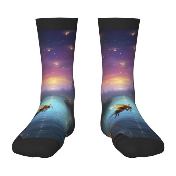 Fuzoiu Magical Bees Twilight River Print Kids Socks For Boys Girls,Grip Crew Socks with Non Slip,Lightweight Stretch Crew Socks,Toddlers Crew Boot Socks