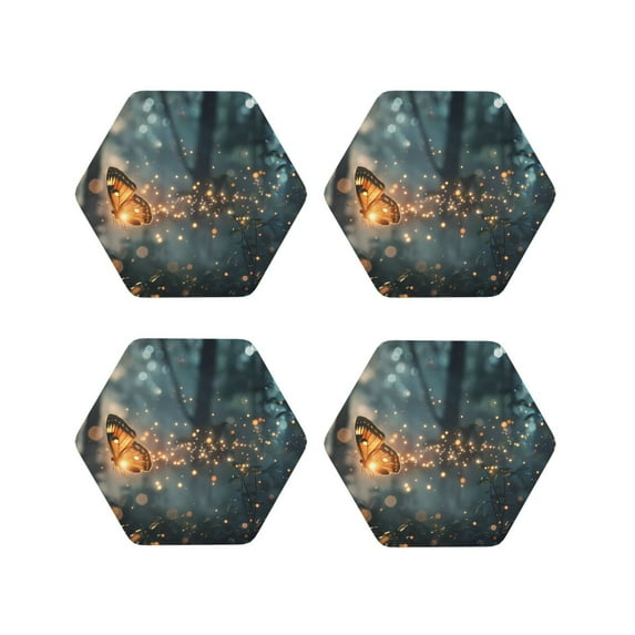 Fuzoiu Magical Butterfly In Forest Print Leather Coasters Set,Drink Coasters Set of 4,for Tabletop Protection, Durable PVC Coasters,Home Décor and Housewarming Gift-Hexagon
