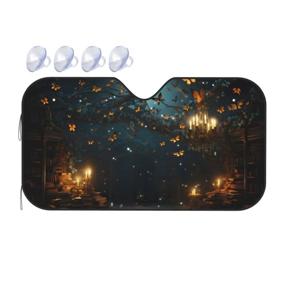 Fuzoiu Magical Library Butterfly Night Print Car Windshield Sunshade,Foldable Reflective Sun Visor,Windshield Sun Shade,UV Rays Sun Visor Shade,Auto Front Sun Shield Shade-Medium