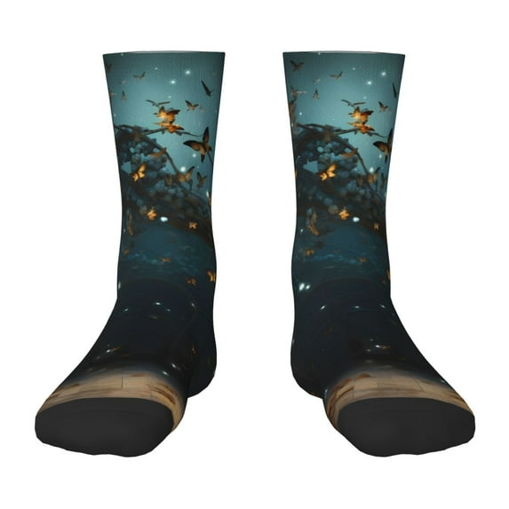 Fuzoiu Magical Library Butterfly Night Print Kids Socks For Boys Girls,Grip Crew Socks with Non Slip,Lightweight Stretch Crew Socks,Toddlers Crew Boot Socks