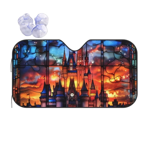 Fuzoiu Magical Stained Glass Castle Print Car Windshield Sun Shade,Block Uv Rays Sunshade,Foldable Front Window Sun Visor Protector for Car,SUV,Truck-Keep Vehicle Cool-Magical Stained Glass Castle
