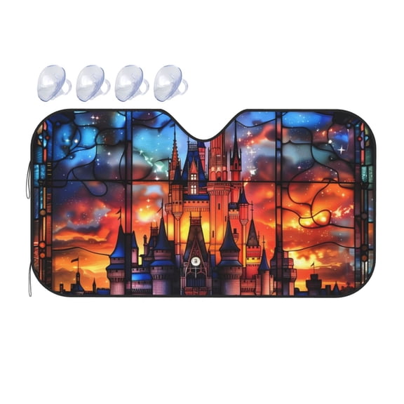 Fuzoiu Magical Stained Glass Castle Print Car Windshield Sunshade,Foldable Reflective Sun Visor,Windshield Sun Shade,UV Rays Sun Visor Shade,Auto Front Sun Shield Shade-Small