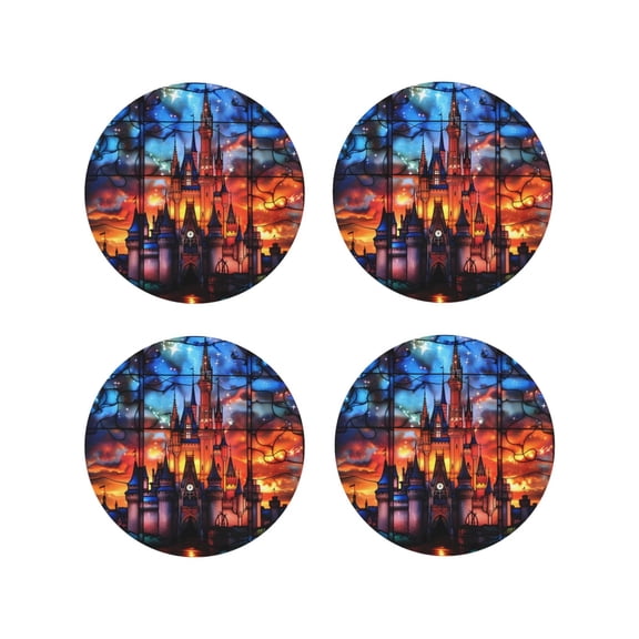 Fuzoiu Magical Stained Glass Castle Print Leather Coasters Set,Drink Coasters Set of 4,for Tabletop Protection, Durable PVC Coasters,Home Décor and Housewarming Gift-Round Shape