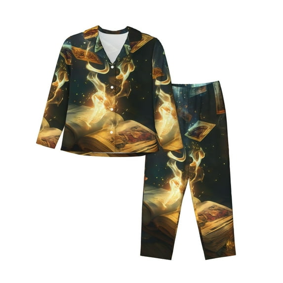 Fuzoiu Magical Tarot Reading Print Women's Long-Sleeved Pajama,Lounge Button Down Nightwear,Womens Notch Collar Pajama Set-Medium