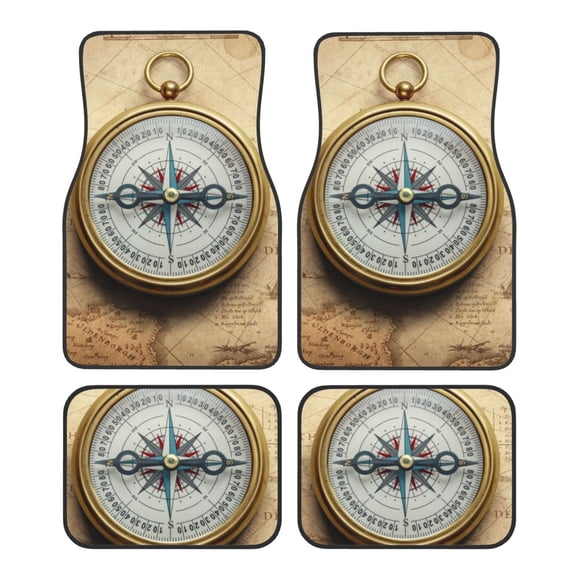 Fuzoiu Magnetic Old Compass On World Map Print Carpet Floor Mats for Car,Car Foot Mat Set,Universal Fit 4 Piece Mat Pad Set,Fits Most Cars Trucks Vans Sedans SUV Auto Carpet Mat Se
