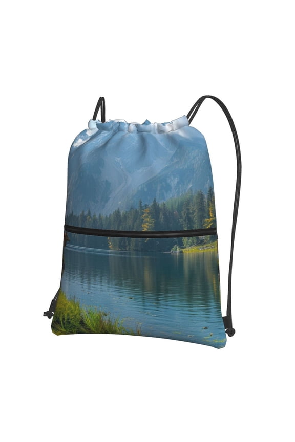 Majestic Deer Mountain Lake Print Drawstring Backpack Water Resistant String Bag Sports Sackpack Gym Sack for Men Women