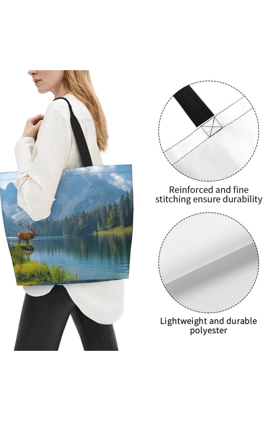 Fuzoiu Majestic Deer Mountain Lake Print Tote Bags for Women,Shoulder Bag, Gym Tote,Top Handle Ladies Shoulder Bags for Work Beach Travel and Shopping Grocery