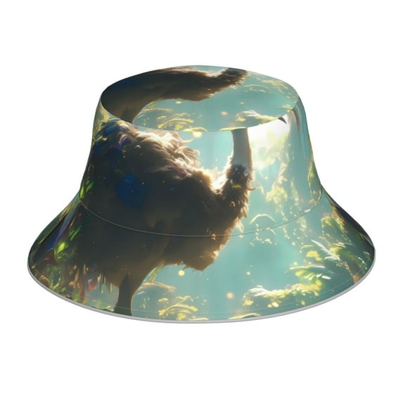 Fuzoiu Majestic Ostrich In Forest Print Reflective Bucket Hat,Outdoor Hat for Men and Women,Bucket Hat for Travel Fishing Hunting Summer Camp