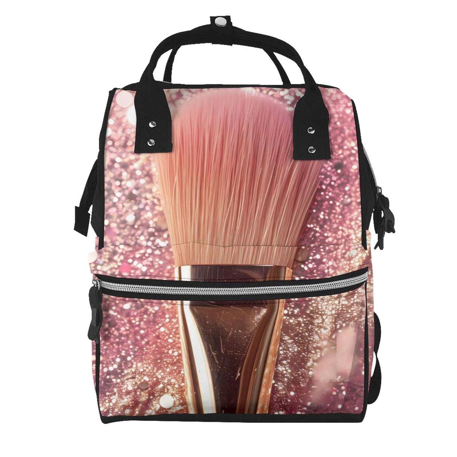 Fuzoiu Makeup Brush on Pink Glitter Print Diaper Bag Backpack,Baby Essentials Travel Tote,Multi function Waterproof Diaper Bag, Travel Essentials Baby Bag - Unisex
