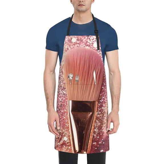 Fuzoiu Makeup Brush on Pink Glitter Print Adjustable Waterproof Apron with Pockets,Waterproof Apron for Cooking, Gardening, and Art Projects