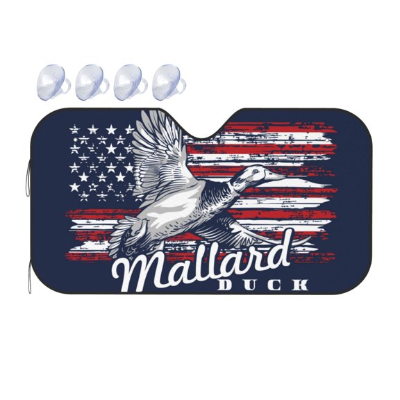 Fuzoiu Mallard Duck With American Flag Print Car Windshield Sunshade,Foldable Reflective Sun Visor,Windshield Sun Shade,UV Rays Sun Visor Shade,Auto Front Sun Shield Shade-Small