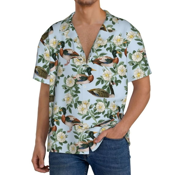 Fuzoiu Mallard Ducks And Roses Print Men's Casual Short,Men's Short Sleeve Shirt,Mens Casual Button Down Shirts,Cuban Collar Summer Shirt for Beach, Vacation, and Outdoor Activities-4X-Large