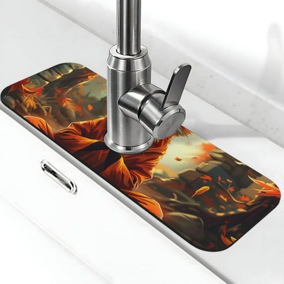 Fuzoiu Maple Leaf Meditating Fox Print Kitchen Faucet Suction Pad, Sink Splash Guard Faucet Mat, Faucet Handle Drip Catcher Tray Drying Mat For Bathroom Kitchen Bathroom Countertop