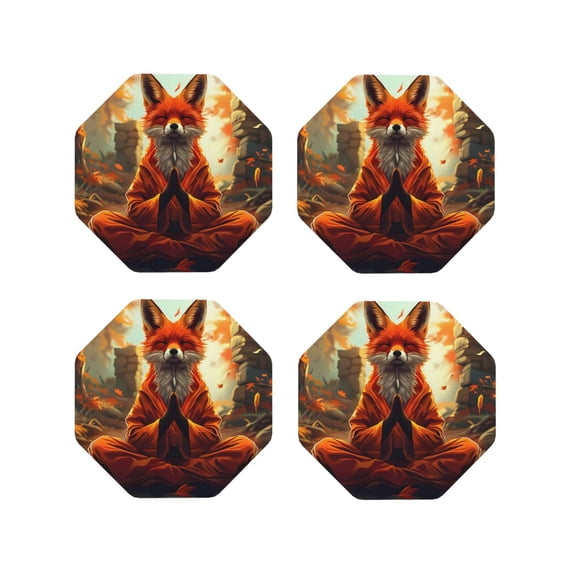 Fuzoiu Maple Leaf Meditating Fox Print Leather Coasters Set,Drink Coasters Set of 4,for Tabletop Protection, Durable PVC Coasters,Home Décor and Housewarming Gift-Octagon