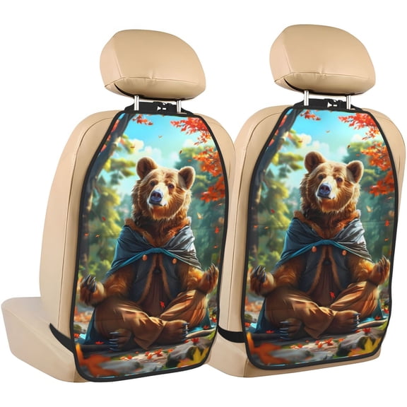 Fuzoiu Maple Meditating Bear Print 2 Pack Kick Mat Back Seat Protector With 3 Storage Pockets, Universal Car Seat Back Organizer For Kids Pets, Waterproof Backseat Protector For Most Car