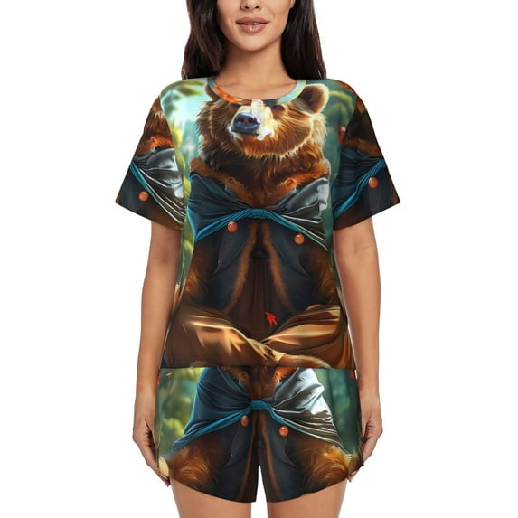 Fuzoiu Maple Meditating Bear Print Women's Short-Sleeved Pajama Set,Lounge Sleepwear Set,Womens Pajama Sets 2 Piece,Button-Up Top and Shorts with Pockets-4X-Large
