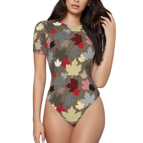 Fuzoiu Maple colorful Print Women's Short-Sleeved Onesie, Short Sleeve Body Suits, Women Round Neck Bodysuits for Women,for Daily Wear, Parties, and Layering-X-Large