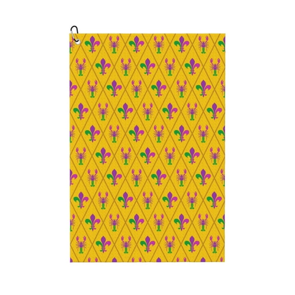 Fuzoiu Mardi Gras Crayfish and Fleur de lis Print Golf Towel, Microfiber Golf Towels for Golf Bags with Clip,16" x 24" Portable Golf Towel,Best Gifts for Father Men Golf Fan Golfer