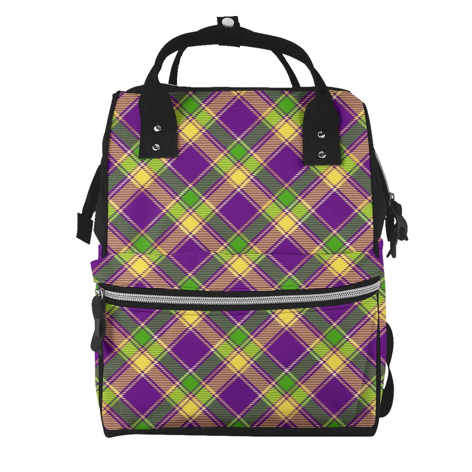 Fuzoiu Mardi Gras Plaid Print Diaper Bag Backpack,Baby Essentials Travel Tote,Multi function Waterproof Diaper Bag, Travel Essentials Baby Bag - Unisex