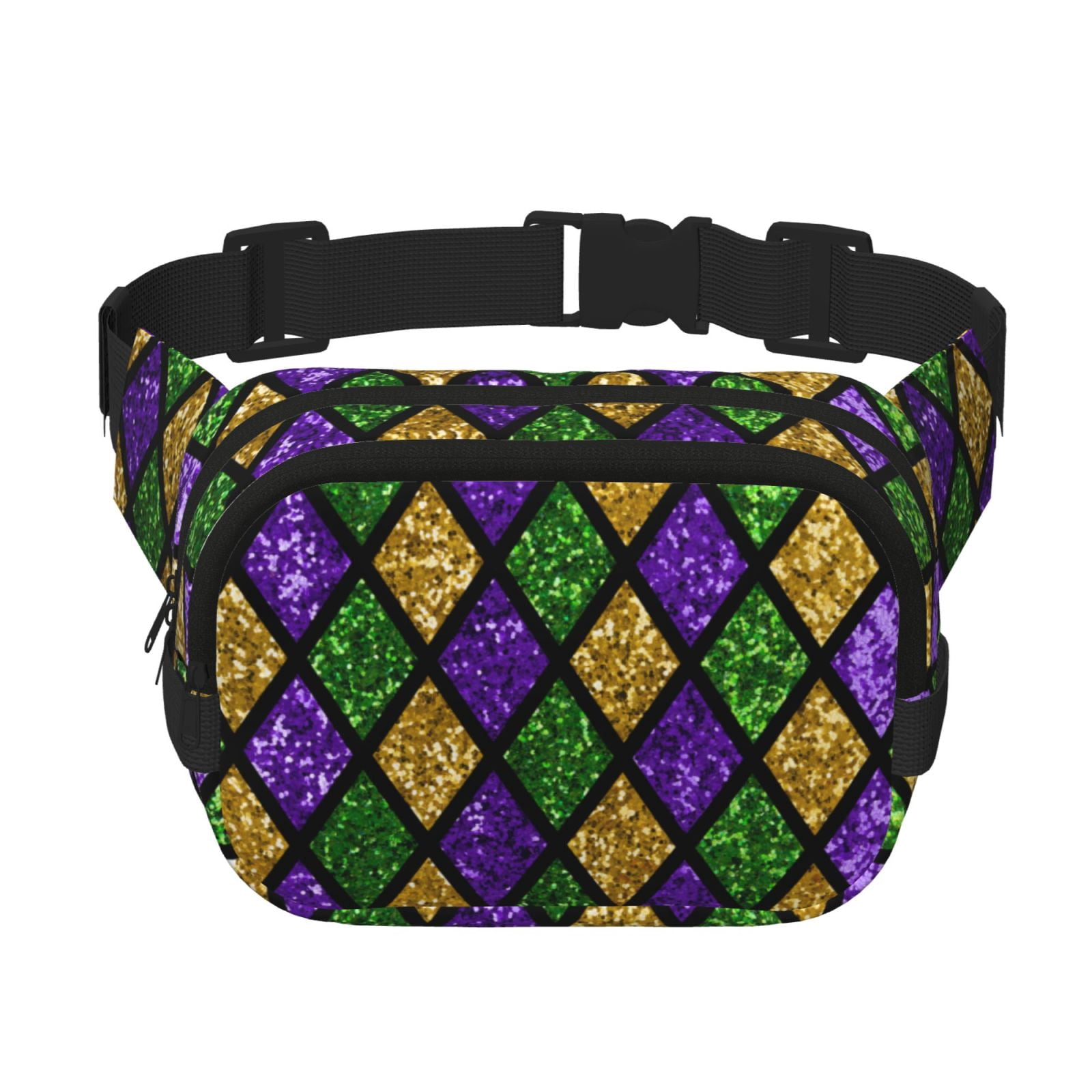 Fuzoiu Mardi Gras Shiny Green Purple Print Unisex Square Double Layer Waist Bag,Crossbody Fanny Pack Travel Workout Accessory