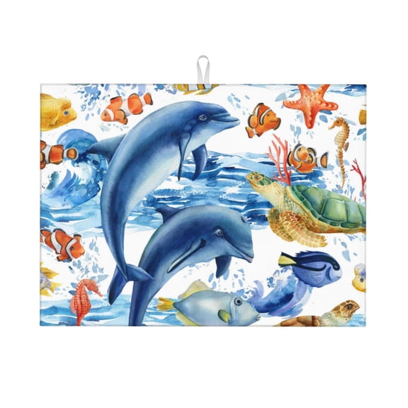 Fuzoiu Marine Animals Print Absorbent, Reversible Microfiber Dish Drying Mat for Kitchen, Dish Drying Pad for Dishes, Utensils, Pots and Pans, Extra Large 18 Inch x 24 Inch