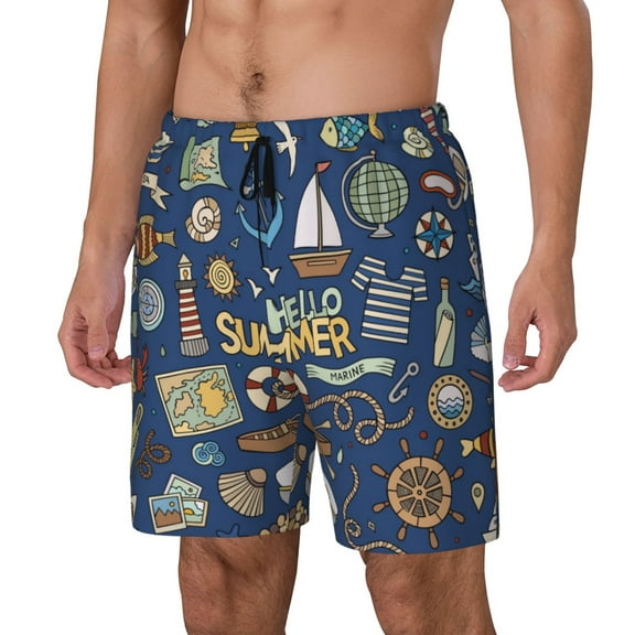 Fuzoiu Marine Nautical Print Men's Swim Shorts,Quick-Dry Double-Layer Swim Trunks,Board Trunks,Beach Shorts Swimwear Bathing Suits-Large