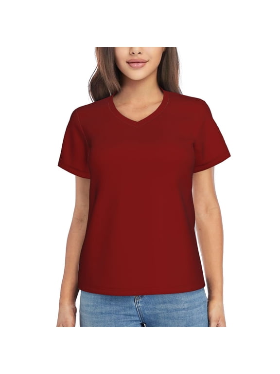 Maroon Print Women's Classic V-Neck T-Shirt, Short Sleeve V Neck Tees for Casual Everyday Wear,Casual Fit Tee,Summer Fashion Tops-XX-Large