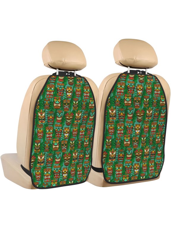 Mask And Palm Leaves Print 2 Pack Kick Mat Back Seat Protector With 3 Storage Pockets, Universal Car Seat Back Organizer For Kids Pets, Waterproof Backseat Protector For Most Car