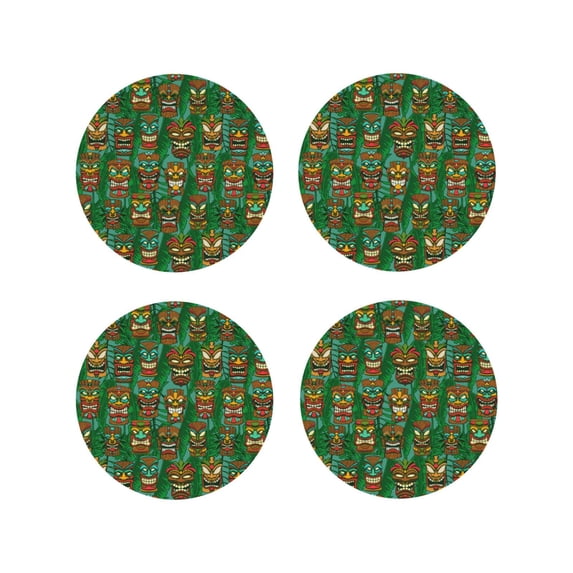 Fuzoiu Mask And Palm Leaves Print Leather Coasters Set,Drink Coasters Set of 4,for Tabletop Protection, Durable PVC Coasters,Home Décor and Housewarming Gift-Round Shape