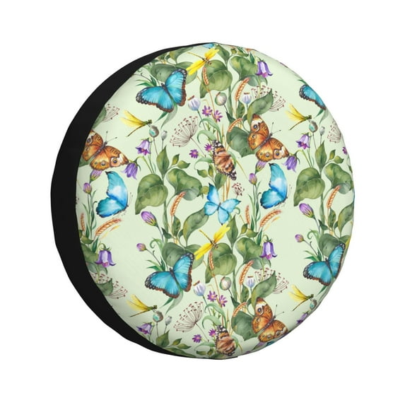 Fuzoiu Meadow Plants And Butterflies Print Universal Spare Tire Cover with Buckle Strap, Waterproof Wheel Covers for Jeep, Trailer, RV, Truck and All Car-17 inch