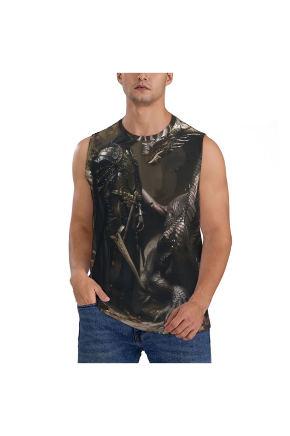 Medieval Knight And Dragon Print Men's Sleeveless T-shirt,Sleeveless Tee Shirts,Quick-Dry Athletic Tank Top for Gym, Running, Sports & Outdoor Activities-Small