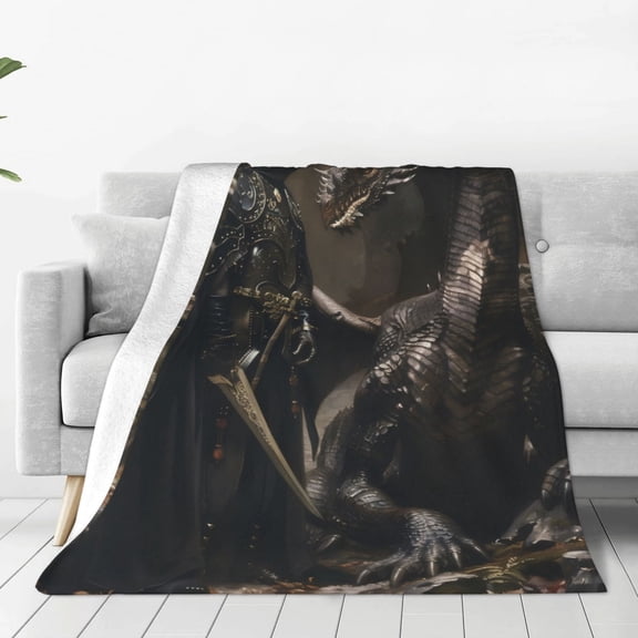 Fuzoiu Medieval Knight And Dragon Print Ultra-Soft Micro Fleece Blanket,All Seasons Flannel Throw, Lightweight Blanket for Bed, Sofa, Couch, Movie Night, Camping, and Travel-50"x40"