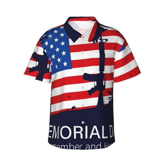 Fuzoiu Memorial Day Print Hawaiian Shirt for Men, Summer Beach Casual Short Sleeve Button Down Shirts, Men’s Beach Summer Shirts with Pocket,Small