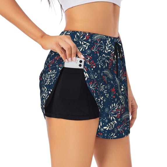 Fuzoiu Merry Christmas Winter Leaves Snowflakes Print Women's Athletic Shorts, Double-Layer Running Shorts with Pocket,Women's Workout Shorts for Yoga, Gym, and Workouts-Large