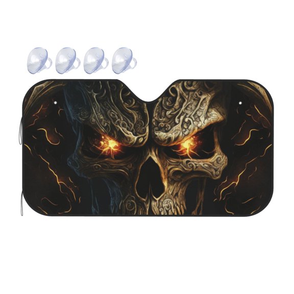 Fuzoiu Metal Evil Skull Print Car Windshield Sunshade,Foldable Reflective Sun Visor,Windshield Sun Shade,UV Rays Sun Visor Shade,Auto Front Sun Shield Shade-Small