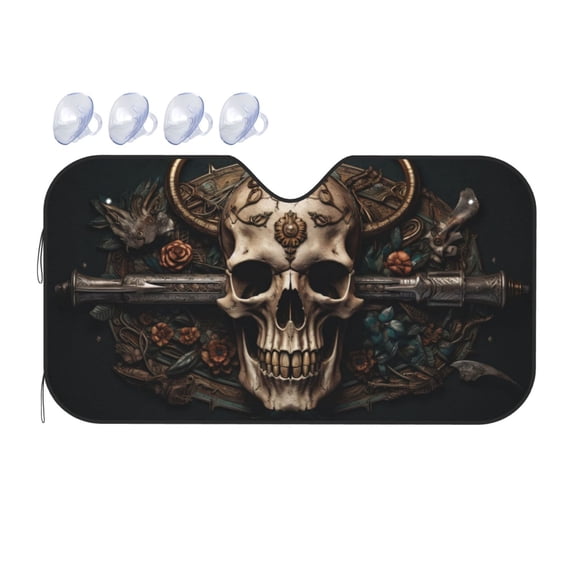 Fuzoiu Metal Style Horned Skull Print Car Windshield Sunshade,Foldable Reflective Sun Visor,Windshield Sun Shade,UV Rays Sun Visor Shade,Auto Front Sun Shield Shade-Medium