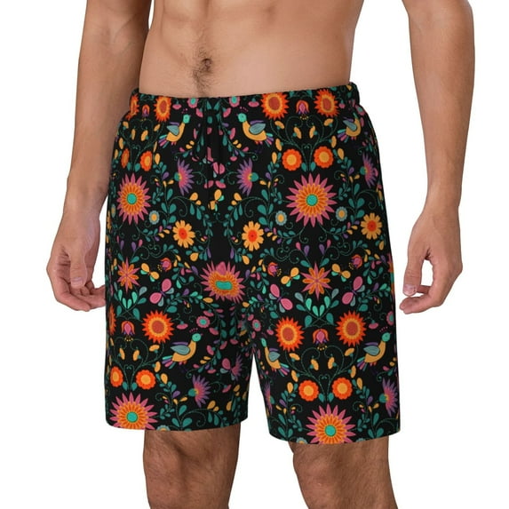 Fuzoiu Mexican Flower And Birds Print Men's Swim Shorts,Quick-Dry Double-Layer Swim Trunks,Board Trunks,Beach Shorts Swimwear Bathing Suits-3X-Large