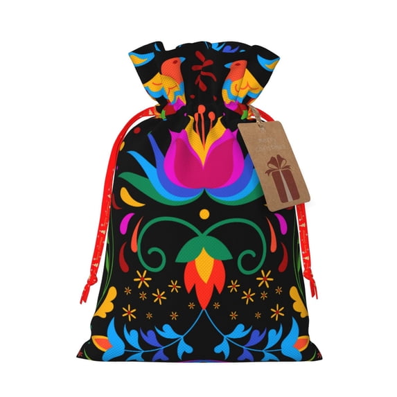 Fuzoiu Mexican Flower Traditional1 Print Christmas Gift Bag,Burlap Gift Bag with Drawstring Closure & Hang Tag,Perfect for Holidays, Birthdays, and Special Occasions-Small