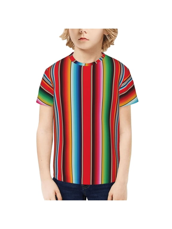 Mexican Serape Blanket Stripes Print Boys' Casual T-Shirt,Crewneck Undershirts,Boys Athletic Shirt,Short Sleeve T-Shirts for Outdoor Play
