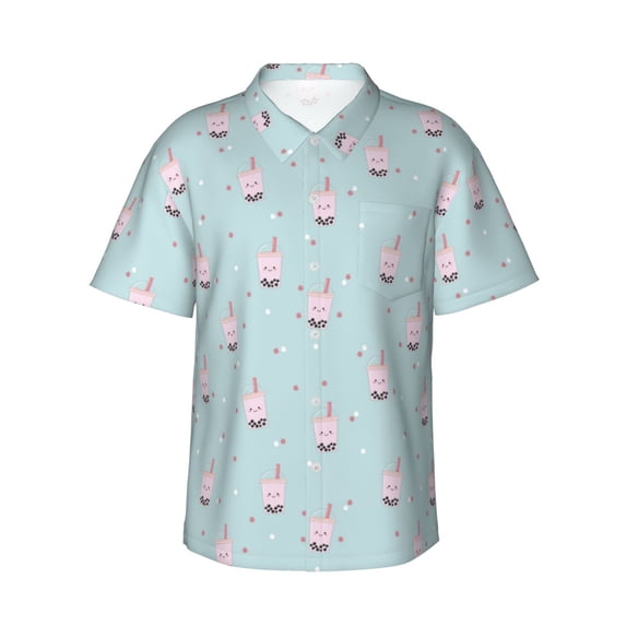Fuzoiu Milk Tea Print Hawaiian Shirt for Men, Summer Beach Casual Short Sleeve Button Down Shirts, Men’s Beach Summer Shirts with Pocket,Medium