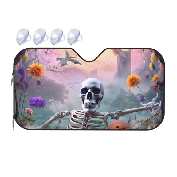 Fuzoiu Mist Sunflower Skull Print Car Windshield Sunshade,Foldable Reflective Sun Visor,Windshield Sun Shade,UV Rays Sun Visor Shade,Auto Front Sun Shield Shade-Small