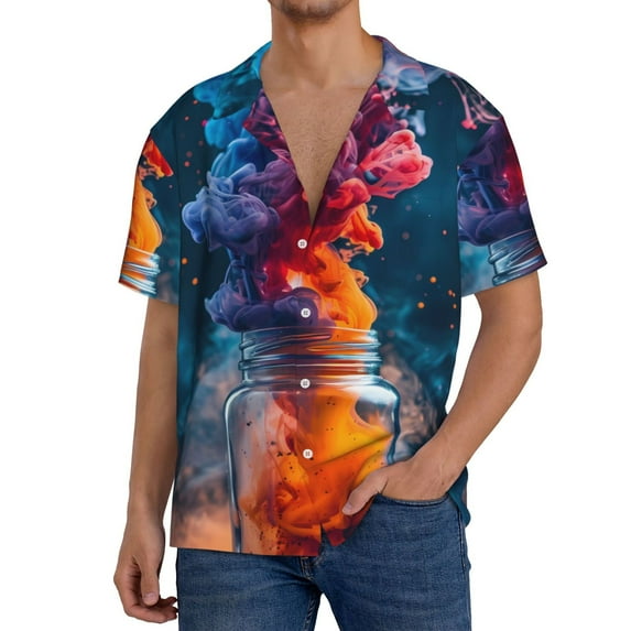 Fuzoiu Modern Art Red And Blue Colors Print Men's Casual Short,Men's Short Sleeve Shirt,Mens Casual Button Down Shirts,Cuban Collar Summer Shirt for Beach, Vacation, and Outdoor Activities-XX-Large