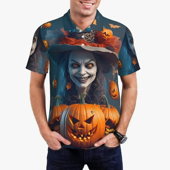 Fuzoiu Modern Style Pumpkin Witch Print Men's Polo Shirts Short Sleeve,Golf Shirts for Men,Mens Golf Shirt Moisture Wicking Quick-Dry-Small