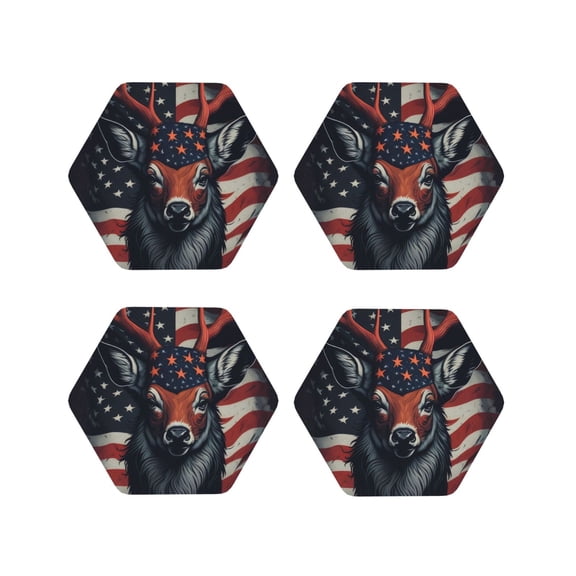 Fuzoiu Modern USA Deer Head Print Leather Coasters Set,Drink Coasters Set of 4,for Tabletop Protection, Durable PVC Coasters,Home Décor and Housewarming Gift-Hexagon
