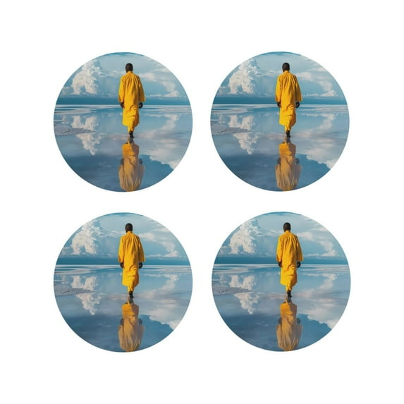 Fuzoiu Monk Walking On Water Print Leather Coasters Set,Drink Coasters Set of 4,for Tabletop Protection, Durable PVC Coasters,Home Décor and Housewarming Gift-Round Shape