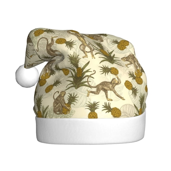 Fuzoiu Monkeys and Pinealpples Print Santa Hat Christmas Hat for Adults,Santa Hats with Pompom, Unisex Xmas Holiday Hat for Christmas New Year Festive Party Supplies